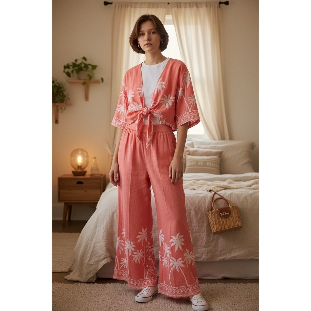 Bellissima Kim Gravel‎ Coral Pink Palm Tree Linen Blend Tie Front Top Pants SET
